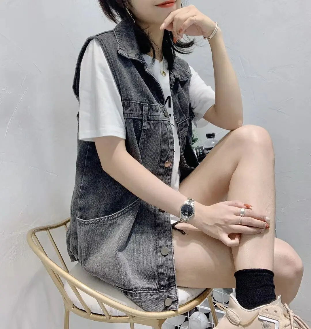 Los halflang svel denim vest lente zomer dames Koreaanse Sle faionable streetwear enkele knoopsluiting...