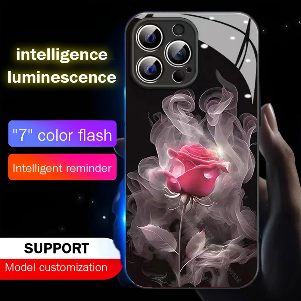 Fog Pink Rose Sound Control LED Flash Case Luminous Glass Cover For Samsung S24 S23 S22 S21 S20 FE Note 10 20 Plus Ultra A54