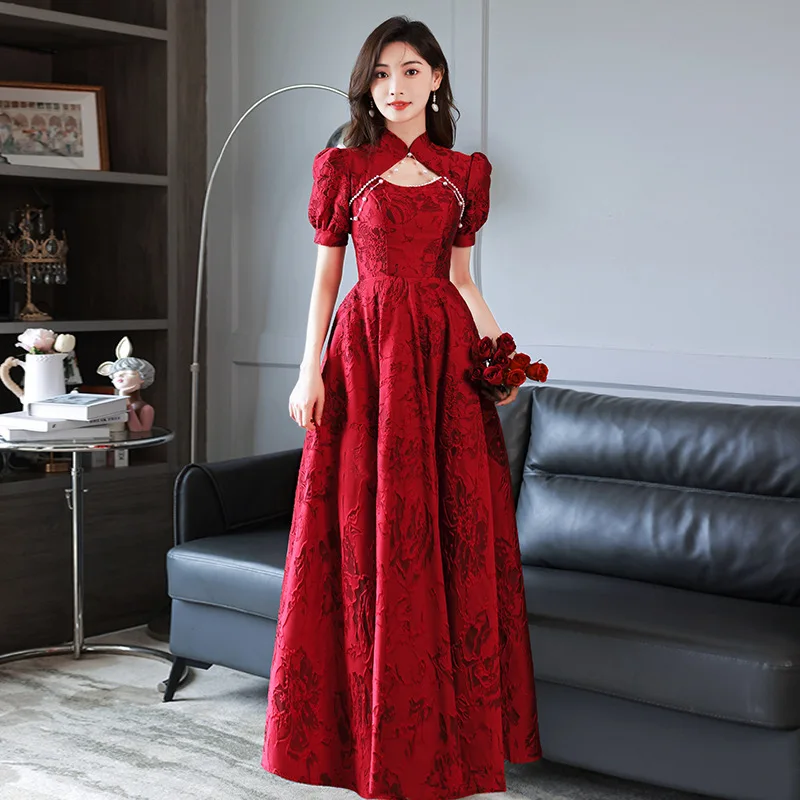 

Improved Chinese Style Dresses Women Toast Bride Banquet Gown Lace Flower Cheongsam Vestidos Sexy Hollow Mandarin Collar Qipao
