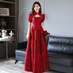 Improved Chinese Style Dresses Women Toast Bride Banquet Gown Lace Flower Cheongsam Vestidos Sexy Hollow Mandarin Collar Qipao