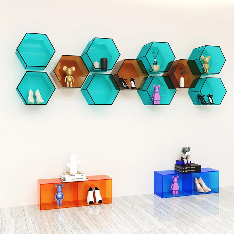 Acrylic shoe store shoe rack display rack cabinet polygonal upper wall shelf clothing store shoe bag display rack hand