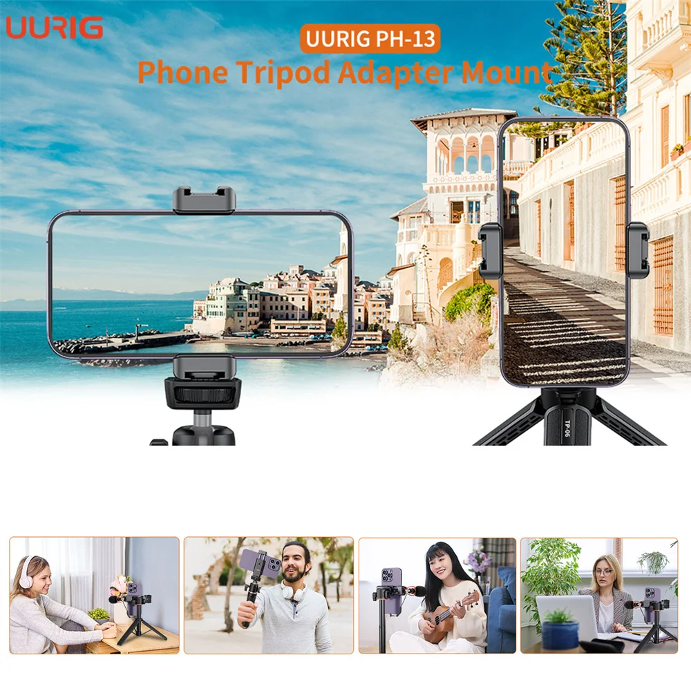 UURIG New Metal Phone Clip Bracket Holder Mount Tripod Monopod Stand Adapter for Iphone Samsung Xiaomi Smartphone with Cold shoe