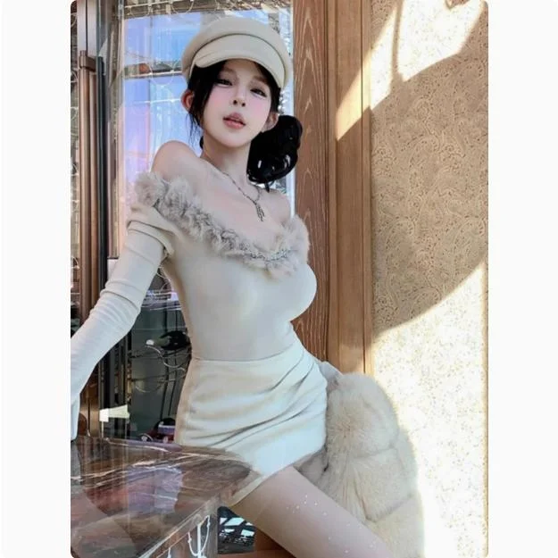 تي شيرت Pure Desire Spicy Girl من الفرو الصناعي على الكتف تي شيرت نسائي للخريف والشتاء بقصة ضيقة ملابس داخلية قاعدة علوية V-Ne Long Sve ort... #5