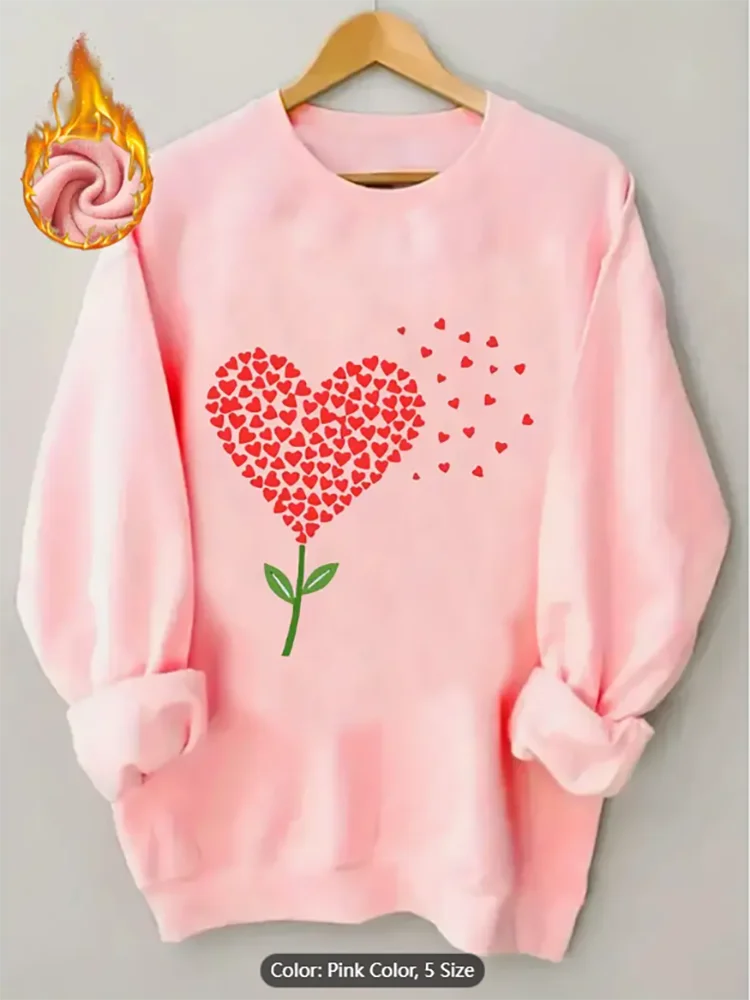 

Женская абрикосовая толстовка с сердечком и цветочным графическим принтом на флисовой подкладке, повседневный пуловер большого размера, топ для любителей романтического стиля, хлопок