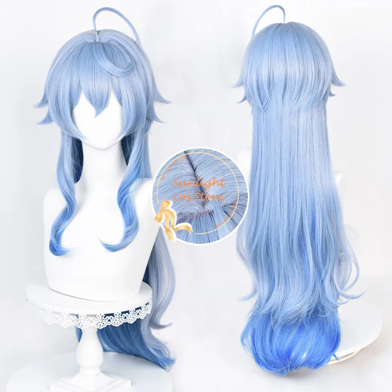 High Quality 2 Styles Ganyu Cosplay Wig 90cm Long Blue Gradient Cruly Women Anime Wigs Heat Resistant Synthetic Hair + Wig Cap