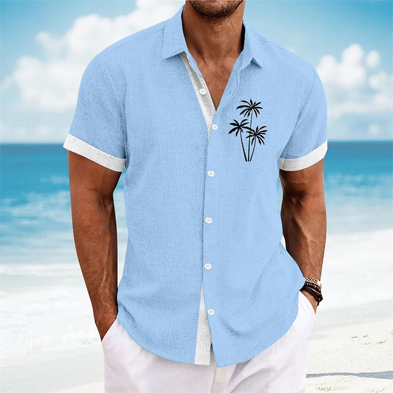 Men's Summer Color-Blocked Short-Sleeve Shirt, Stylish Design, Coconut Tree Print, Beach Vacation Style, Casual Men's Top