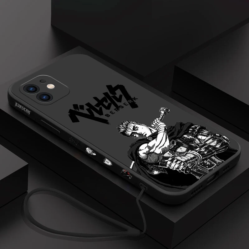 Funda de teléfono Anime Berserk Guts para iPhone 15 14 13 12 11 Pro Max Mini X XR XS MAX SE20 8 7 6S Plus fundas de silicona con correa de mano