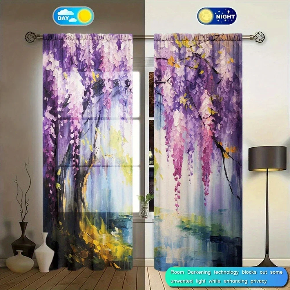 Oil Painting of Wisteria Flowers Printed Curtain for Home Decor - Rod Pocket Window Treatment for Bedroom, Kitchen, Living Room