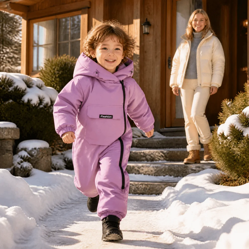 Thick Fleece Lined Kids Snow Suit Windproof Waterproof All-In-One Snow Suit Warm Active Movement Design Winter Jumpsuit