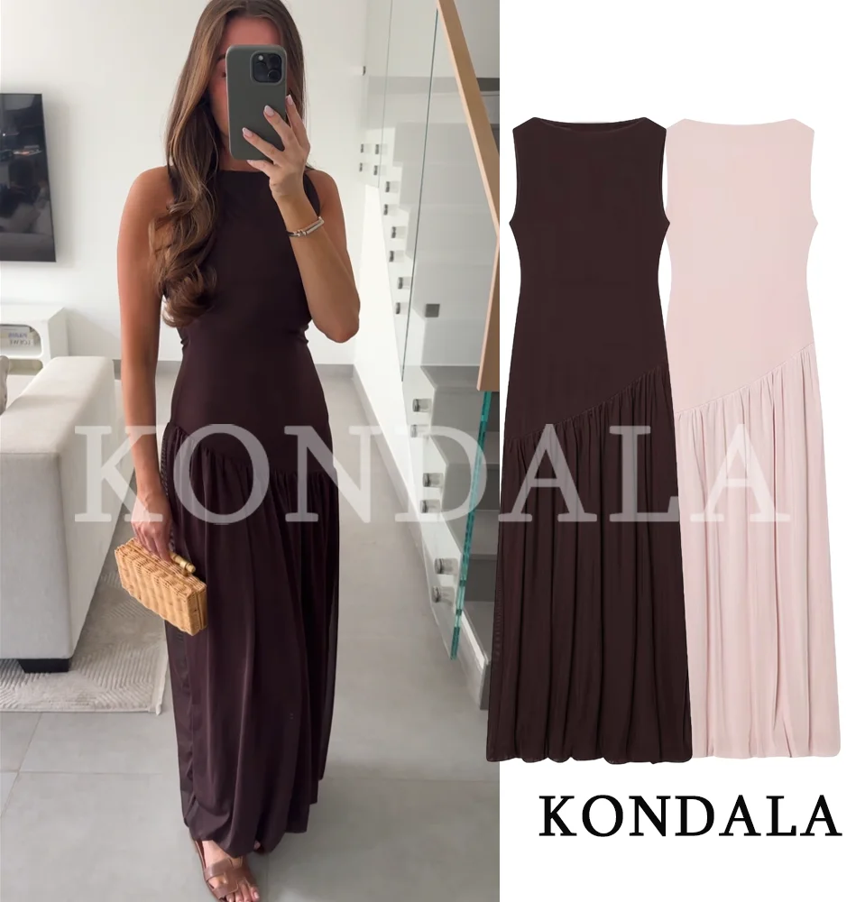 KONDALA Elegant Chic Tulle Sleeveless Dress Women Trendy Vintage Slim Long Dress 2026 Spring Summer Fashion Holiday Casual Dress