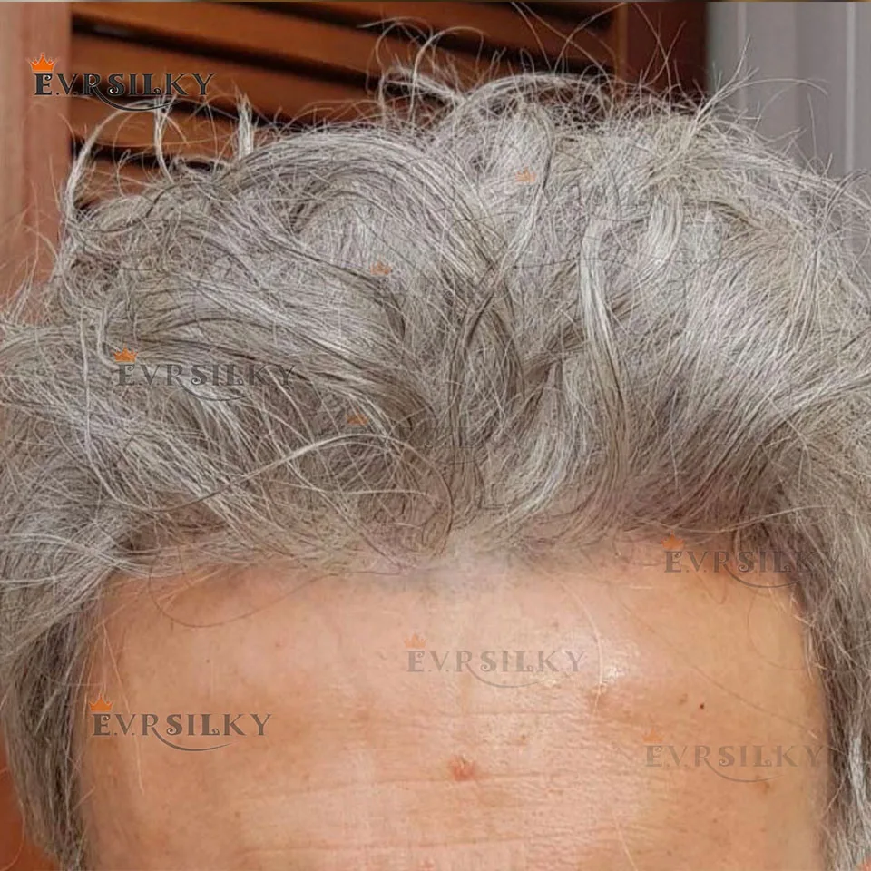 1B80 1B65 شعر مستعار رمادي للرجال 100% شعر بشري خط شعر طبيعي متين Microskin رقيق Pu بني داكن غير قابل للاكتشاف شعرية اصطناعية