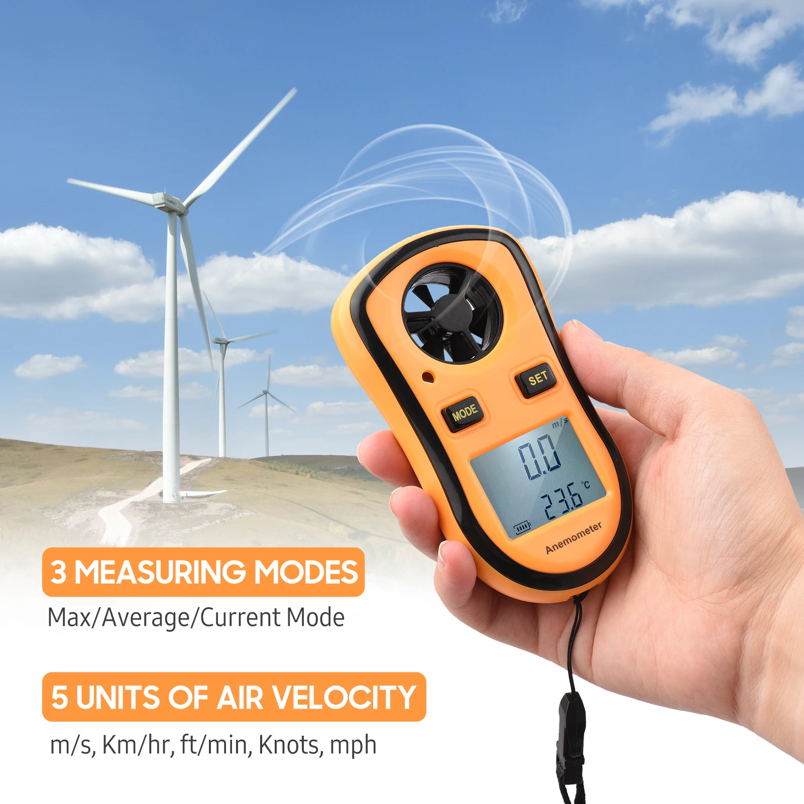 GM8908 Digital Anemometer Handheld Wind Speed Meter Gauge Air Velocity Temperature Tester with LCD Backlit Wind Chill for