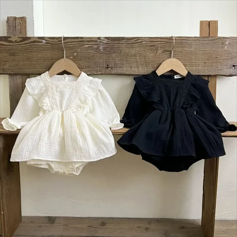 0-2Years Newborn Baby Girls Lace Ruffle One Piece Clothing Toddler Solid Long Sleeves Cotton Gauze Jumpsuit Spring Romper Dress