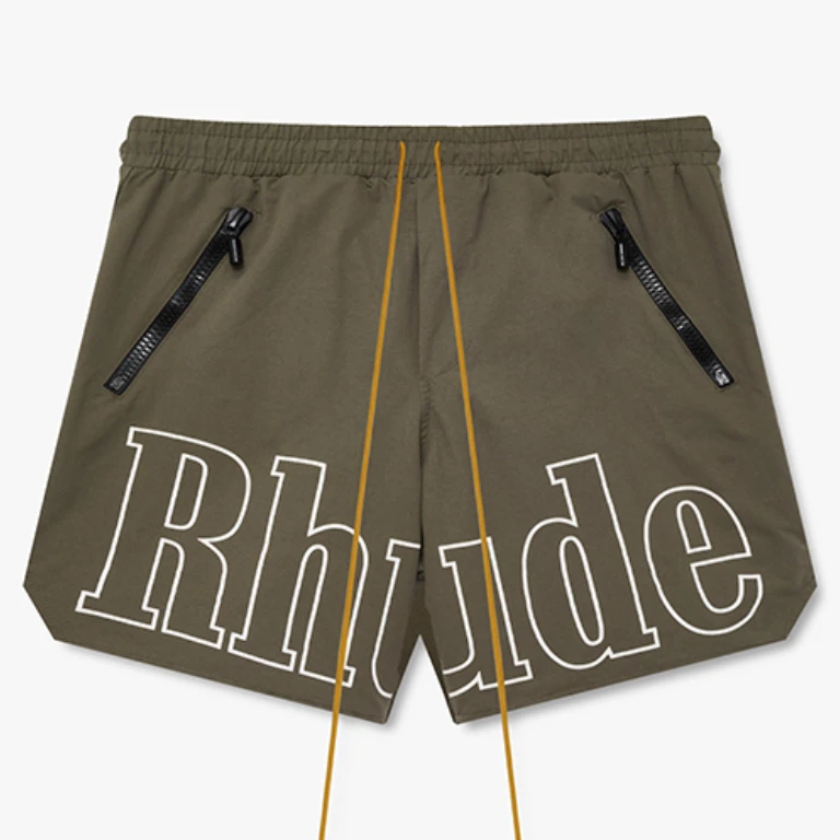 New Arrival RHUDE Big Outline Letter Print Shorts Men Elastic Waist Drawstring Zipper Pockets Streetwear Short Pants