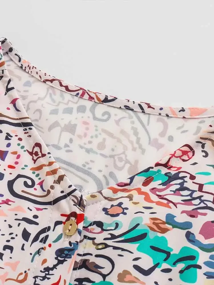 European style new women's fashion versatile temperament loose round neck printed shirt flared trousers suit