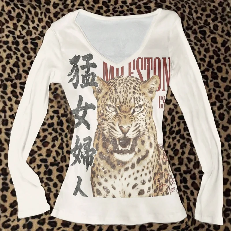 Autumn Women American Vintage Y2K  Streetwear Leopard Head Graphic Text Print V-Neck Fitted Long Sleeve Tee