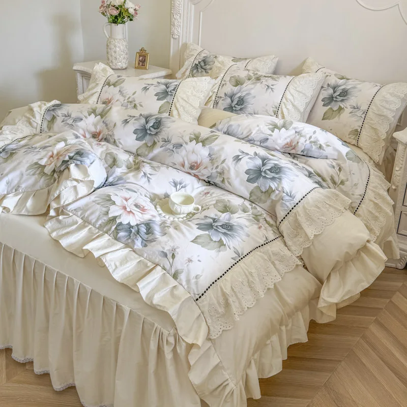 Flowers Printing Bedding Sets King Queen Size 100% Cotton Lace Ruffles Princess Duvet Cover Bed Skirt Pillowcases Home Textile