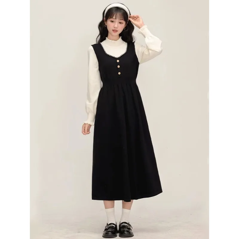 Robe noire faux deux pièces à la taille, vêtements doux, jupe longue française Super belle, jupe populaire de cette année, automne