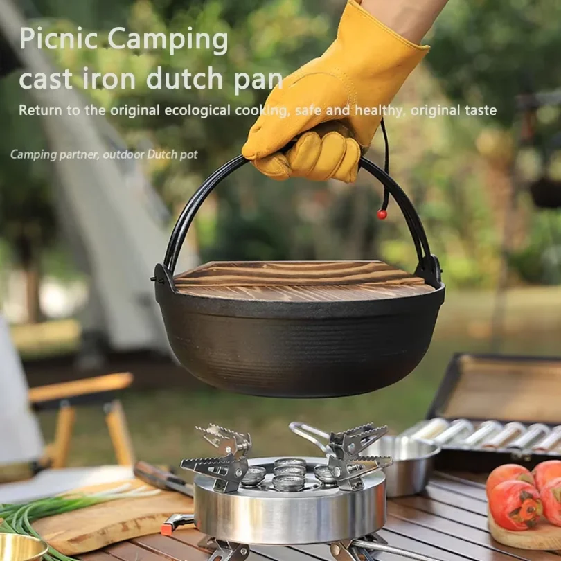 Outdoor Cast Iron Dutch Oven Pot with Lid Heavy‑Duty Non‑Stick Camping Cookware for Campfire, Home Use, and Sukiyaki
