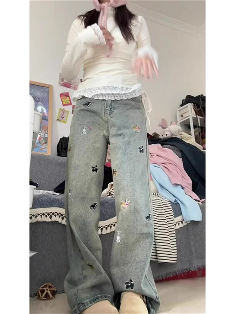 Large Size American Retro Dog Embroidery Waed Denim Pants Women's Autumn New High Waist Straight Leg Loose Floor-Length Jeans