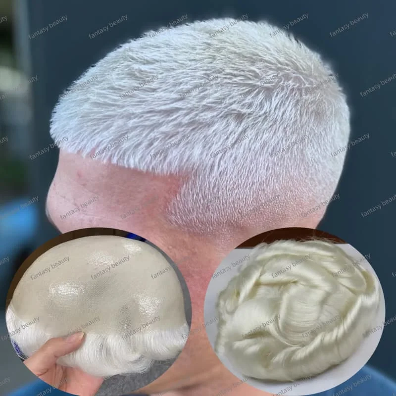 Полная кожаная основа, мужской парик 60RY, белый мужской парик из человеческих волос, 0,02 мм, инъекционный тонкий кожаный мужской парик, человеческие волосы Remy, естественная линия волос