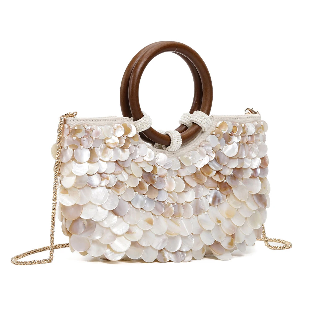 Bolso de mano para mujer con asa superior, de conchas marinas naturales y cuentas, bandolera, bolso de noche, con asa de madera, tipo clutch y satchel, para playa