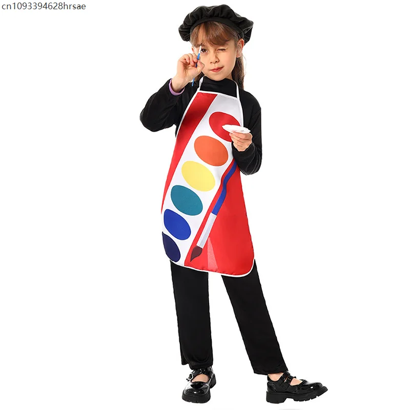 幼児女の子水彩ペイントパレットプリントエプロンベレー帽衣装子供アーティスト画家ドレスアップハロウィンコスチューム子供用