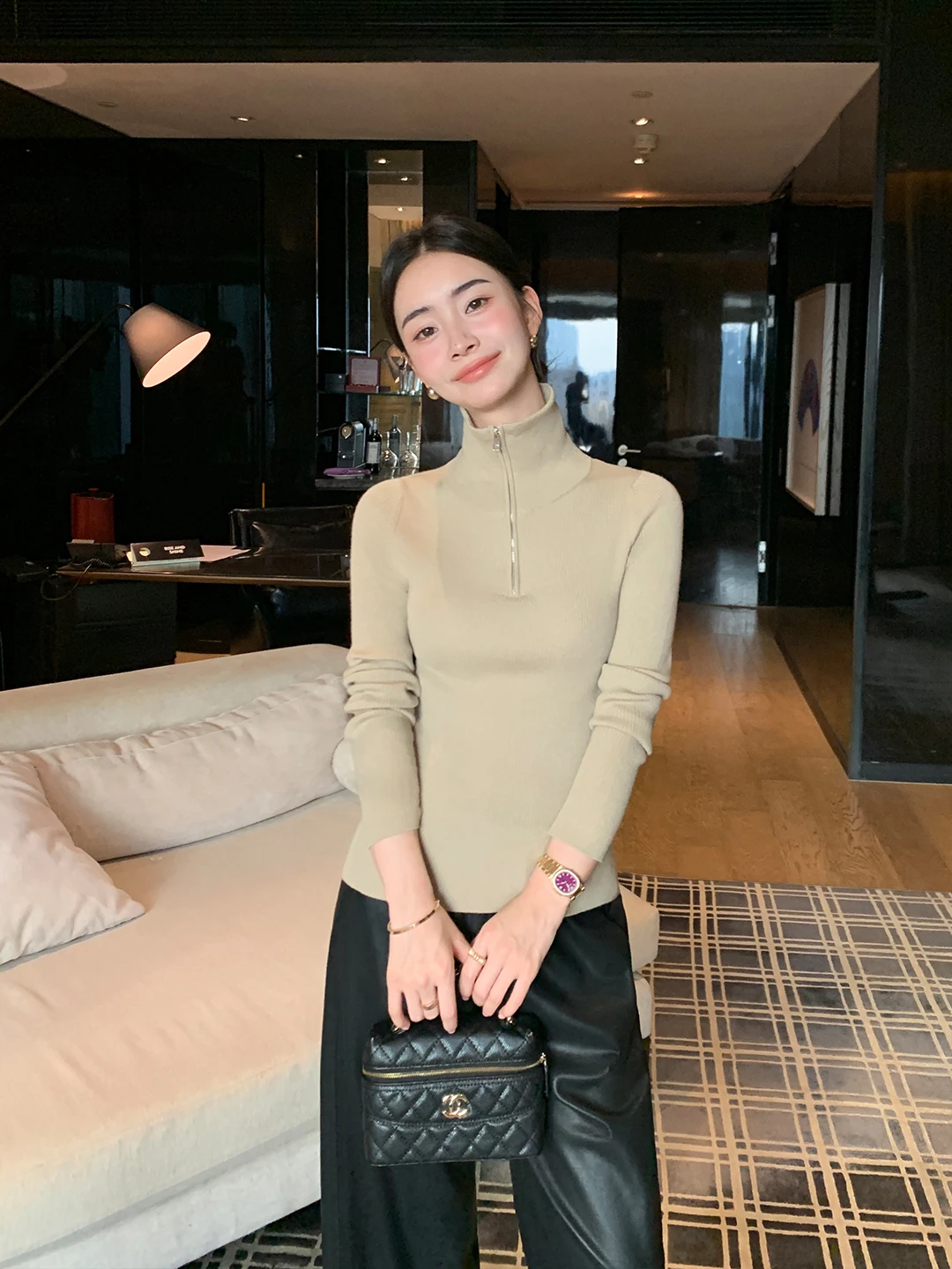 

Maven Lin Women's Wool Blend High Ne f Zip Long Sve Base irt Commute Sle Slim Fit Top Polyester Acrylic Wool Nylon