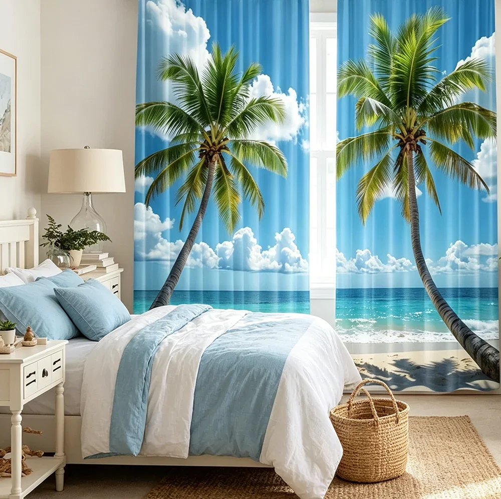 2PCS Digital Printed Curtains with Hawaiian Beach Design, Stylish Window Drapes for Living Room Bedroom Home Decoration