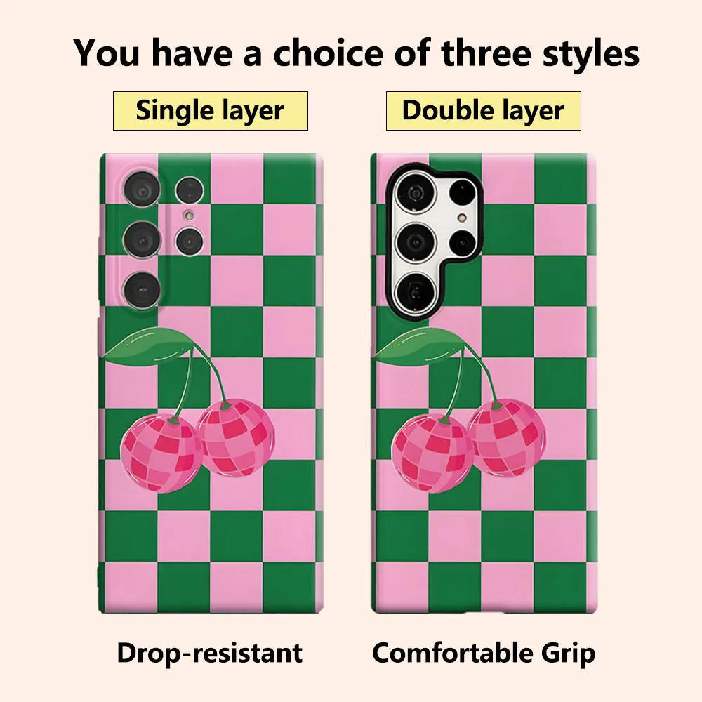 Pink Cherry Checkered Luxury Fashion Full Lens Protective Case for Samsung Galaxy S26 S25 S24 A56 A36 Plus Ultra