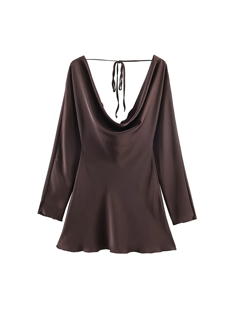 Elegantes Satin-Partykleid für Damen, High Street, langärmelig, Minikleid, Frühling und Herbst, modische Damen-Kleider mit schwingendem Kragen