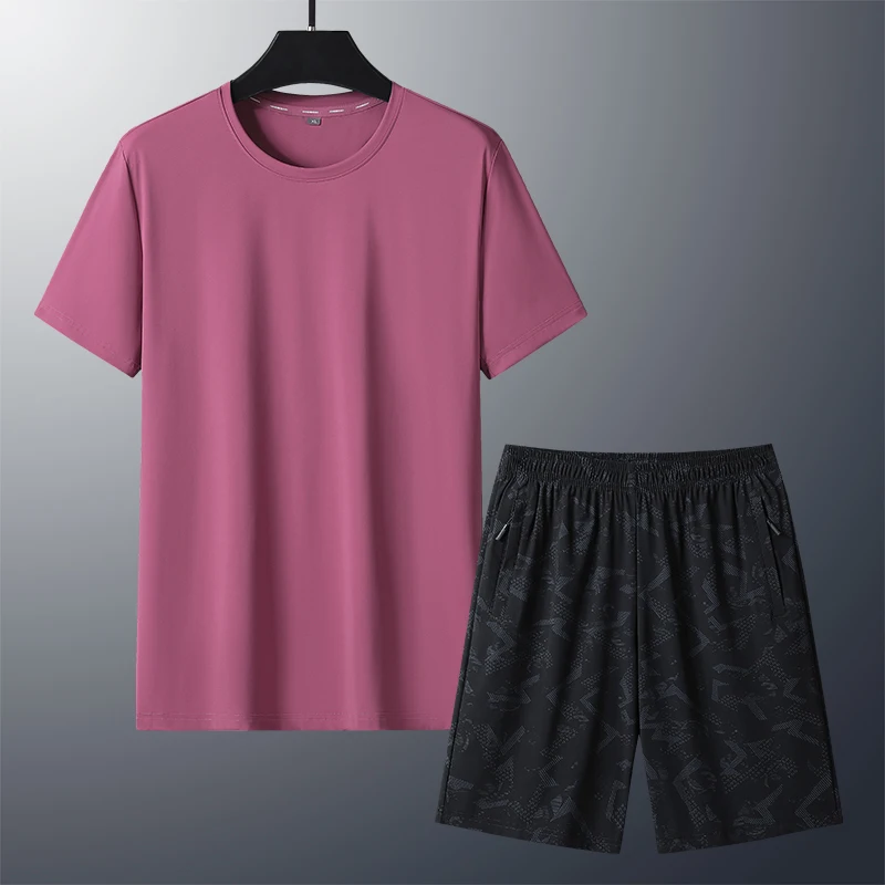 New Men'S Summer Ice Silk Short Sleeved Suit Cool Comfortable Short Sleeved Quick Drying Breathable Casual Sports 2-Piece Set