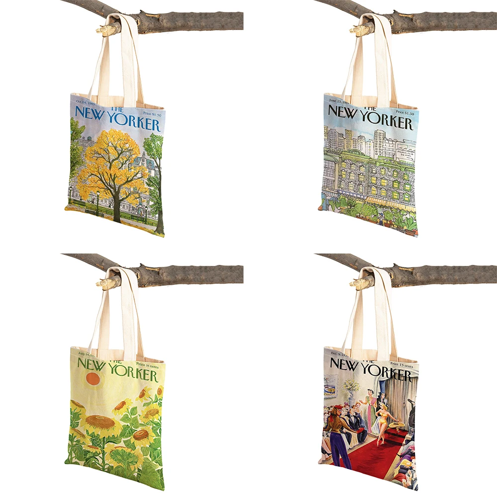 The New Yorker City Magazine Women Shopping Bags Double Print Casual Shopper Bag Lady Linen Tote Eco Leaf Flower Handbag