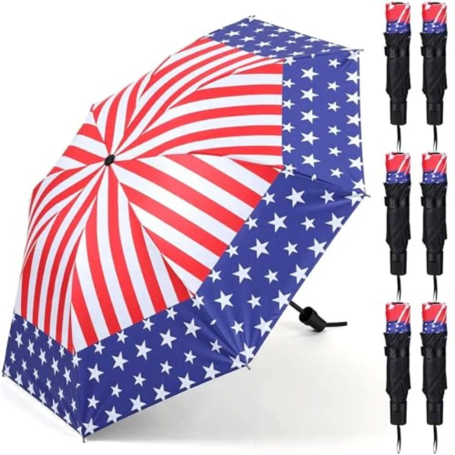

6 Pcs Patriotic American Umbrellas 4th of July Umbrellas with 8-Rib Black Coating, Windproof