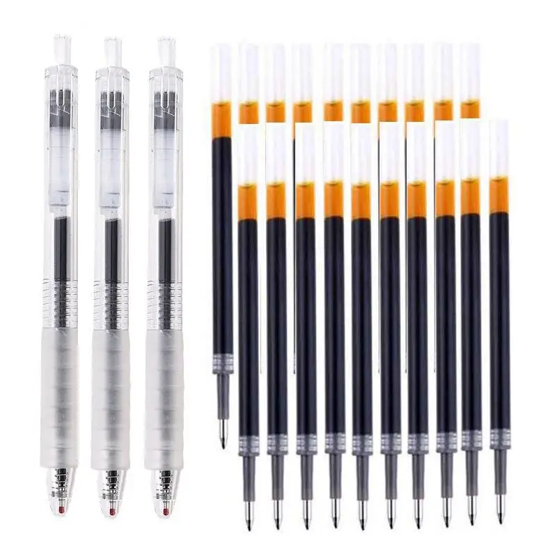 3 Pen +20 Refills Gel Pen Set 0.5mm Black Ink Soft Grip Press Pen Transparent Smooth Writing Office School Stationery