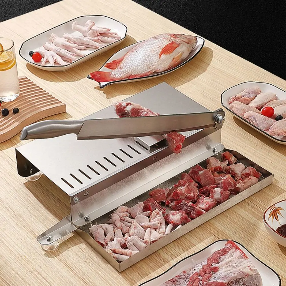 Manual Meat Slicer Stainless Steel with Storage Tray Bone Cutting Machine Rust-proof Thickness Adjustable Mutton Rolls Cutter