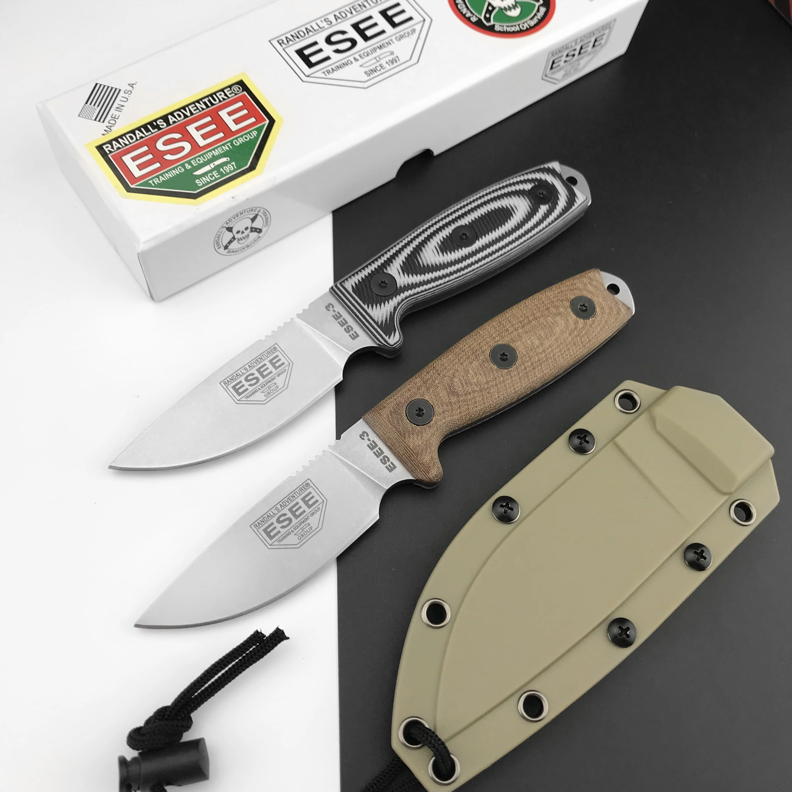 ESEE-3 Rowen Tactical Small Straight Knife Black & White G10/ Brown Linen handle Outdoor camping hunting self-defense knife