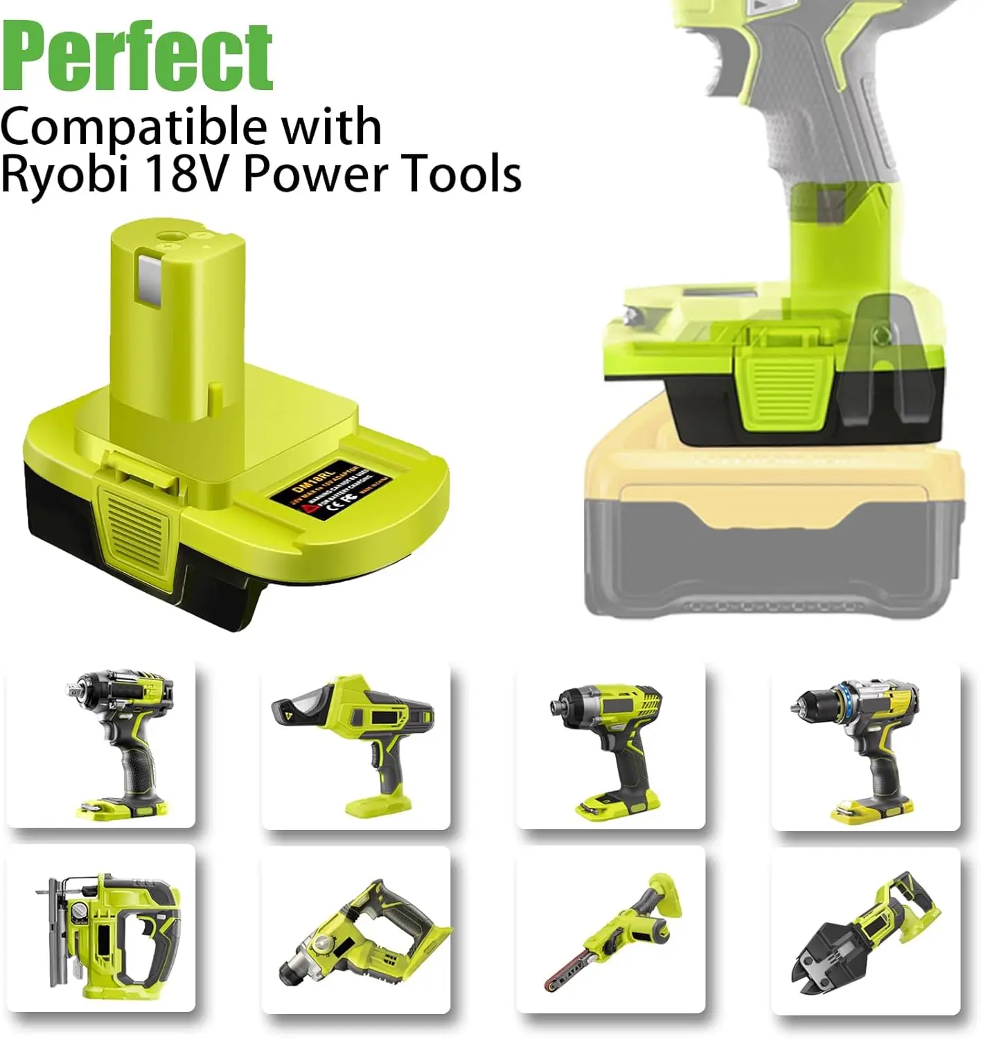 DM18RL Batterieadapter zur Umwandlung von Dewalt/Milwaukee 20V/18V Li-Ionen-Akkus in Ryobi 18V P108 ABP1801, USB-Anschluss, Schwarz/Grün – Detail 7