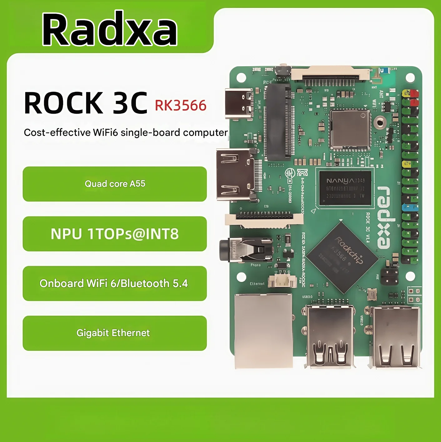 

Плата разработки Radxa Rock 3c Rk3566 Четырехъядерный процессор Одноплатный компьютер Raspberry Pi