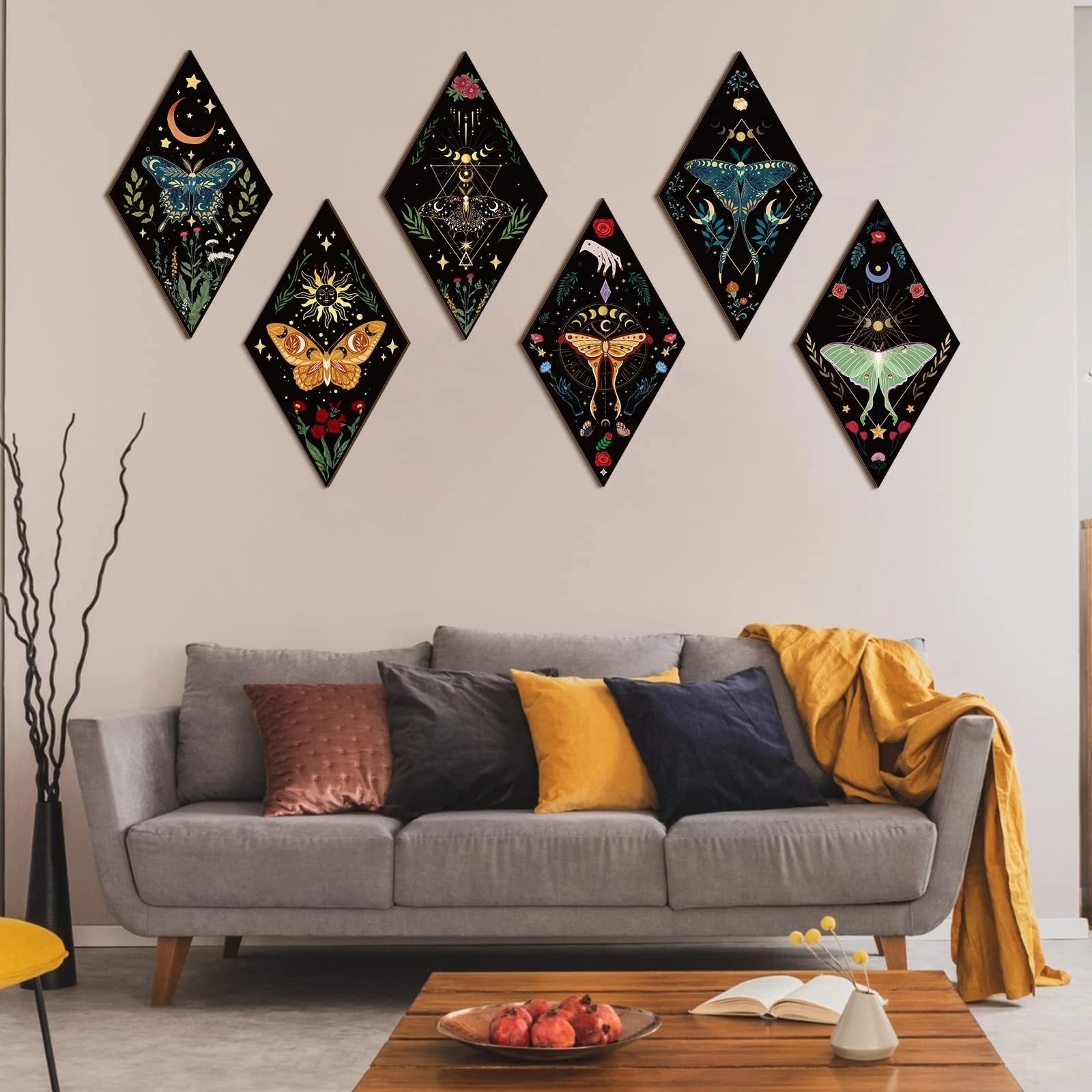 3/6pcs Diamond-Shaped Wooden Wall Pendants with Butterfly Elements Bohemian Style Flat 2D Decorative Hanging Shower Living Room
