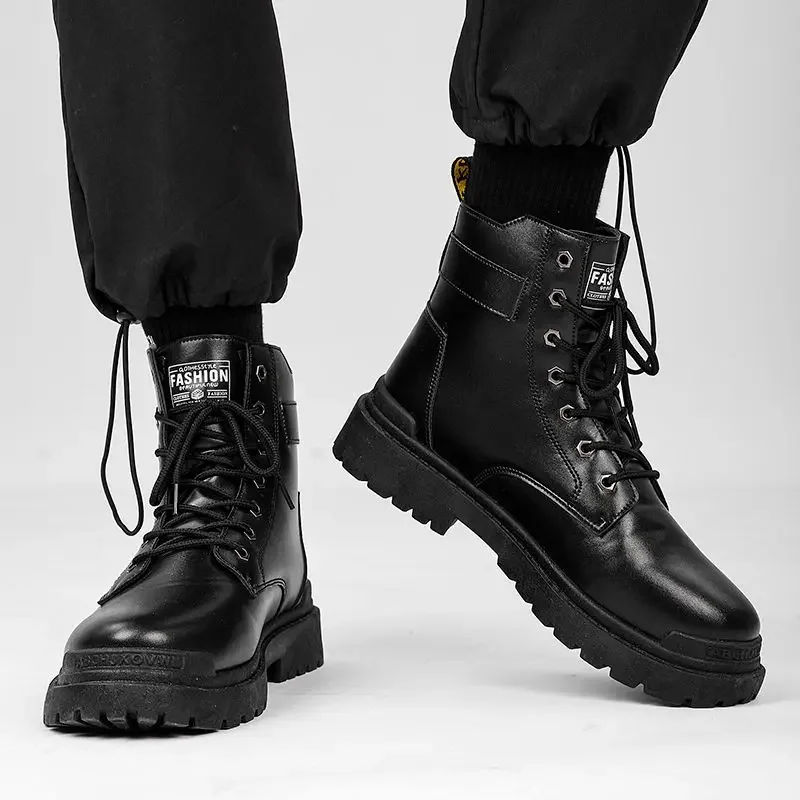 

Весенне-осенние новые мужские однотонные ботинки, увеличивающие рост, высокие кеды на шнуровке, рабочая одежда, кожаные повседневные универсальные ботинки для пеших прогулок в пустыне