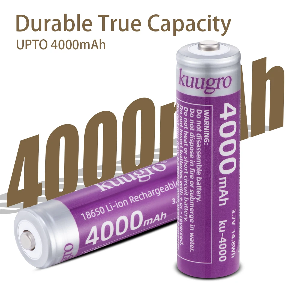 Kuugro 18650 4000mAh Pointed Head Battery 3.7V Highest Capacity 12A Discharging Rechargeable Batteries For Flashlight Batteries