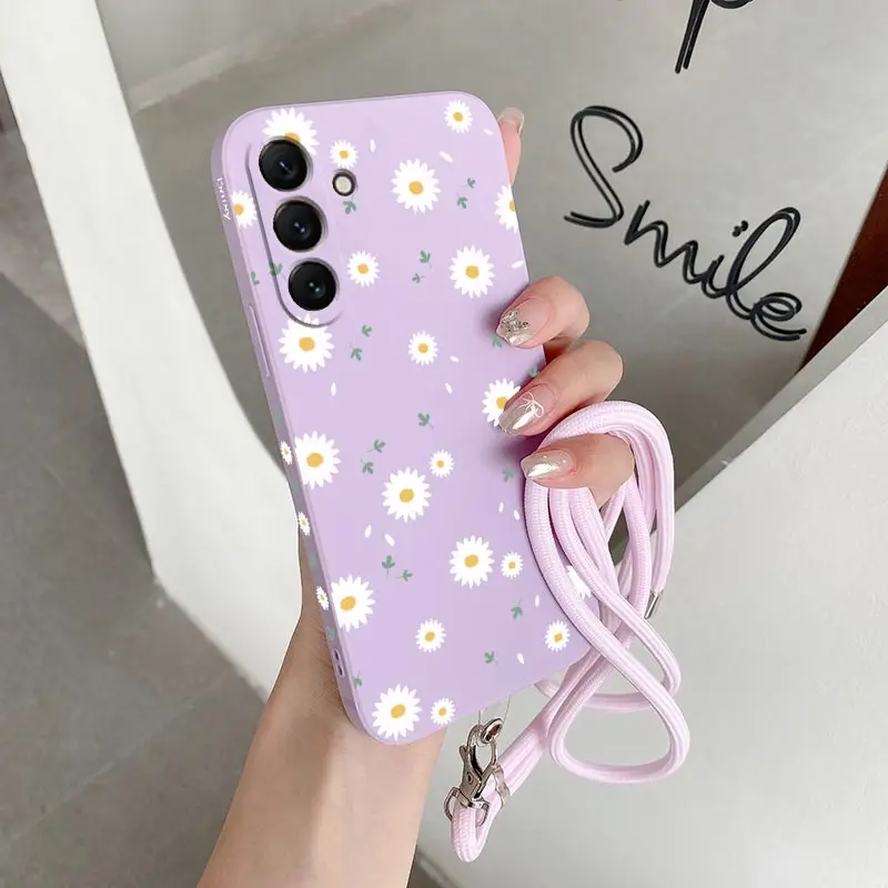 S24 Sunflower Lanyard Silicone Phone Case For Samsung S24 S24Plus S23Plus S23 S24Ultra S23FE S21 S21FE S22 S22Plus Cover