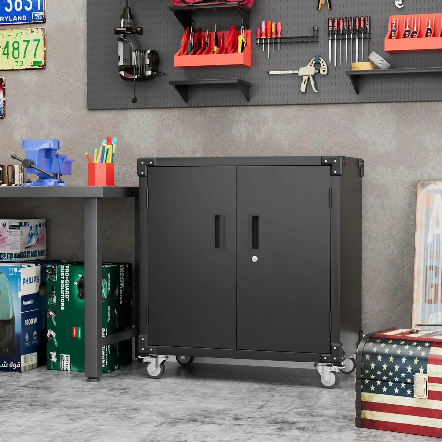 Metal Garage Storage Cabinet with Wheels,Steel Storage Cabinet with Pegboard and 4 Hooks for Garage,Home Storage,Assembly