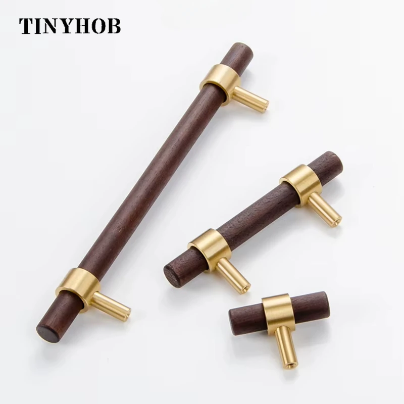 Natural Wood+brass T Bar Door Handles American Style Furniture Wooden Handle Drawer Pulls Kitchen Cabinet Knobs and Handles