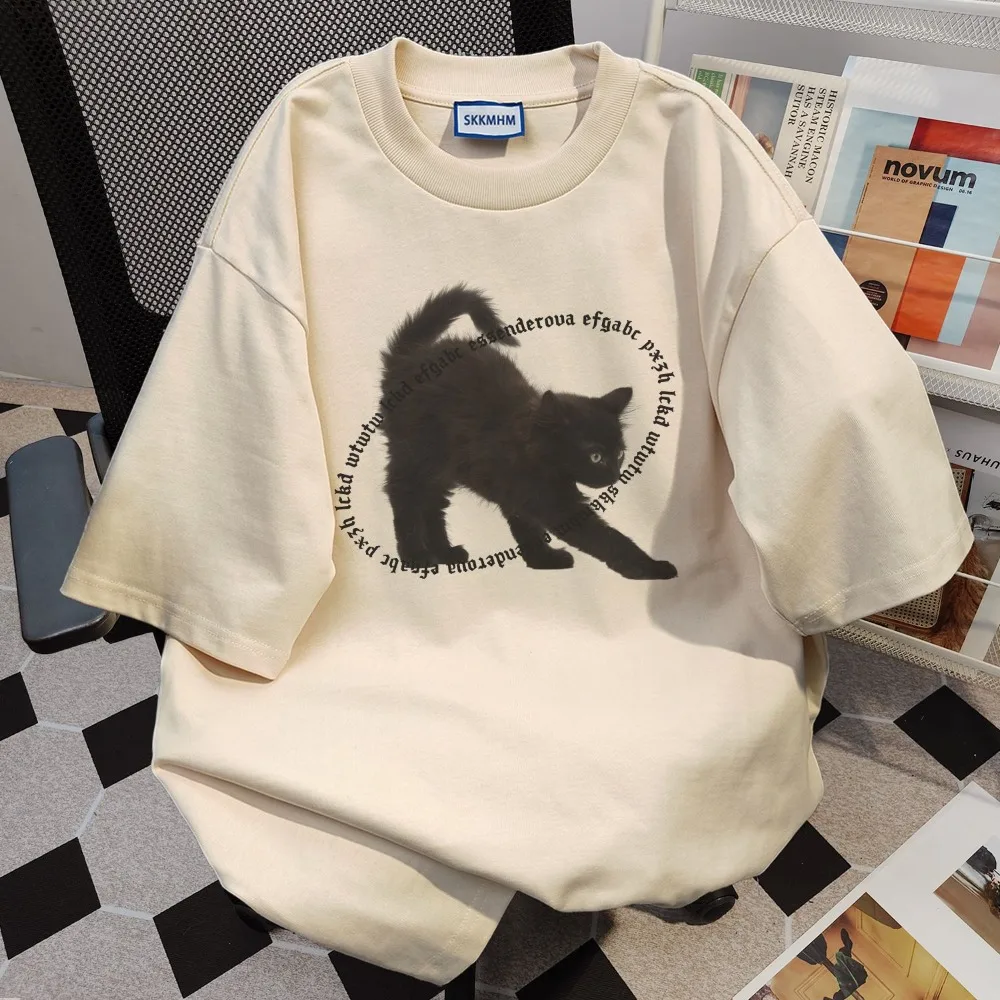 Pure Cotton Material Oversized Summer T-shirt Retro Letter Black Cat Print T Shirts Women Couples Streetwear Casual Short Sleeve