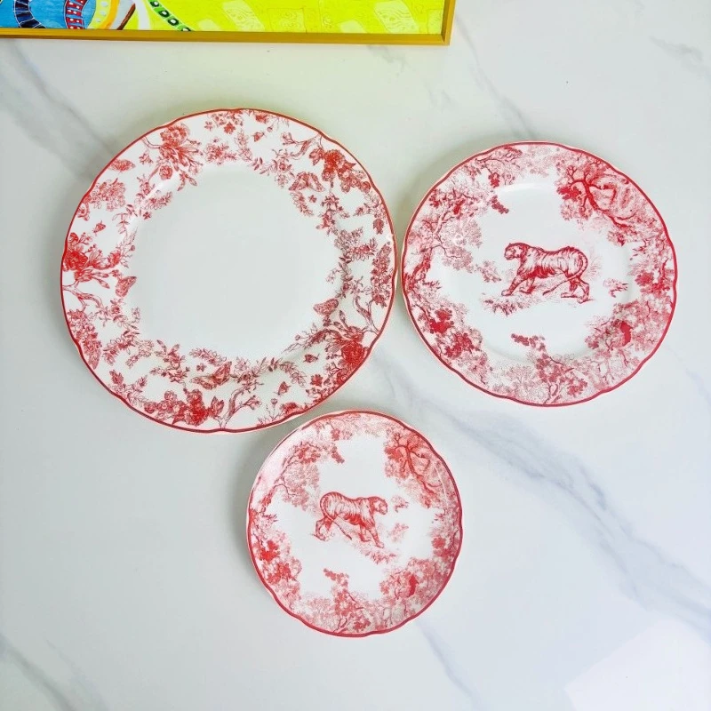 Vintage Animal Tiger Ceramic Plate Set 3-Piece Ceramic Tableware Kitchen Table Plate Home Dining Decor Party Supplies Meal Plate