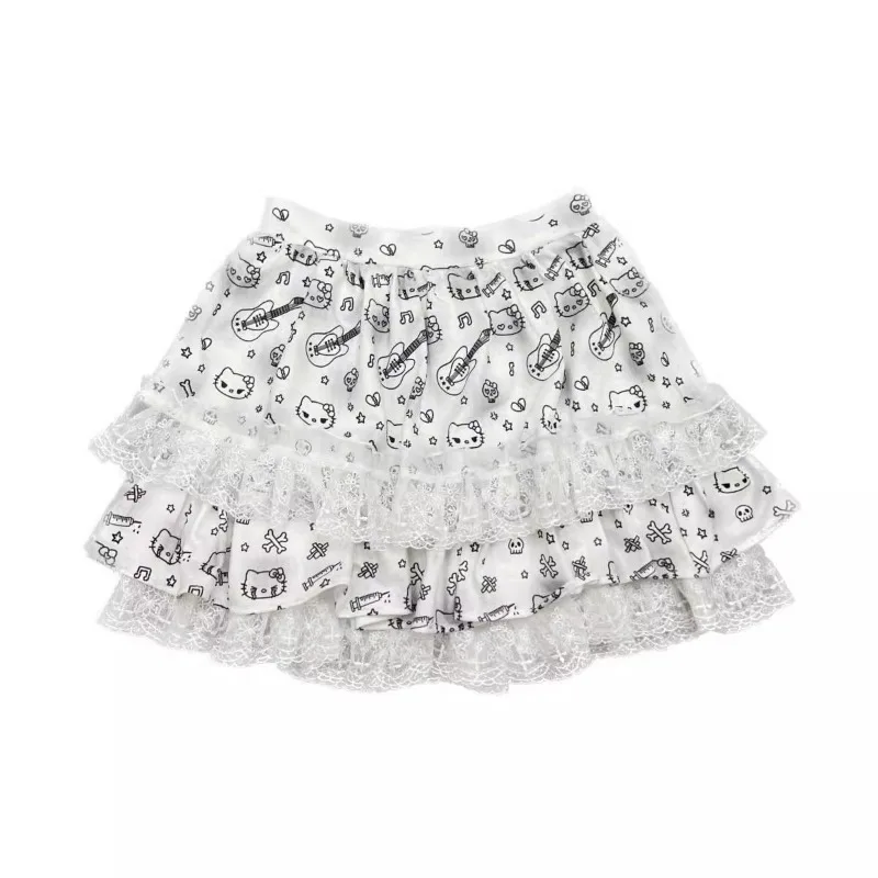 

Spring Summer High Waist Slim Jupe Y2k Kawaii Faldas Mujer Moda 2024 Gothic Lace Patchwork Chic Print Sweet Fresh Puffy Skirt