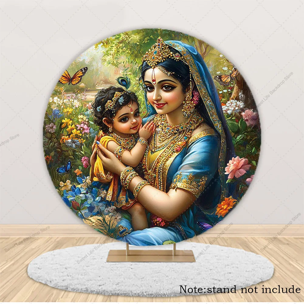 Krishna الطفل غطاء خلفية مستديرة استحمام الطفل حفلة عيد ميلاد الديكور الهندي غطاء دائرة التصوير الدعامة