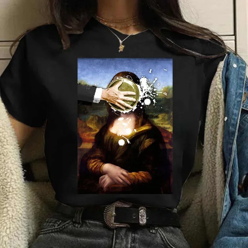 Vintage Humor Mona Lisa Print Women Fashion Top Funny Rose Mona Lisa T-Shirt Classic Camise Breathable Short-sleev